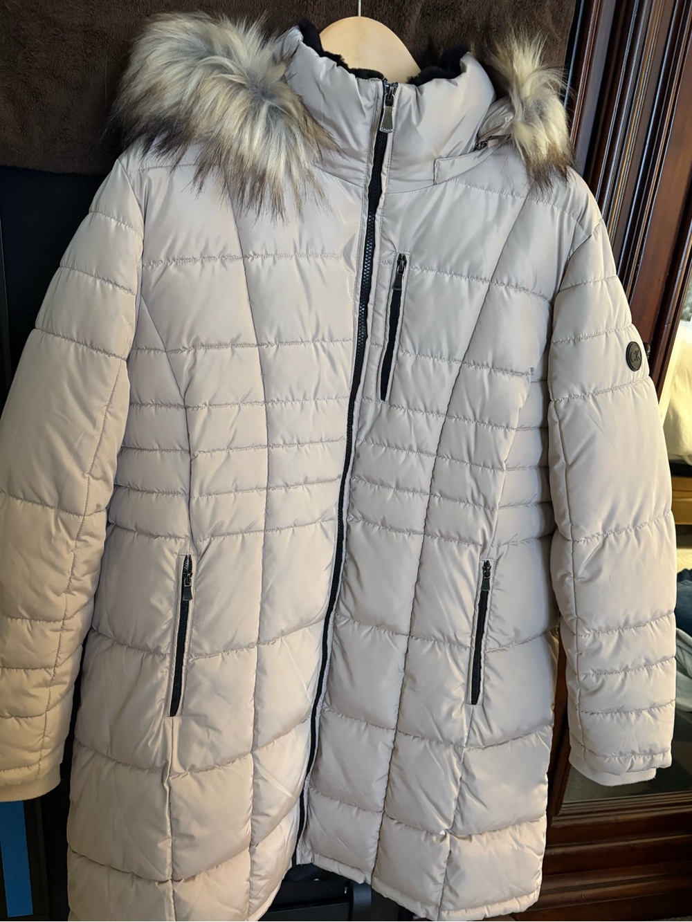 Calvin Klein Beige Hooded Puffer Coat with Faux Fur Trim